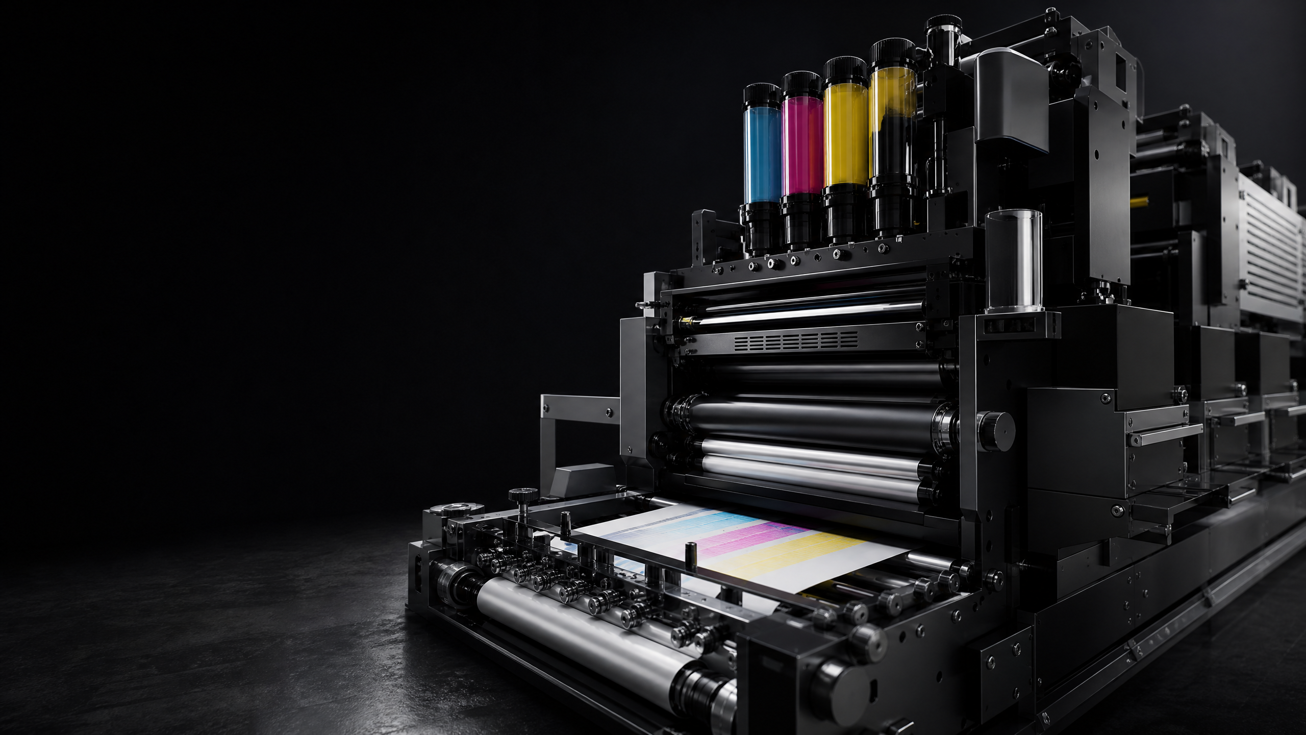 Modern industrial printing press in a professional production studio