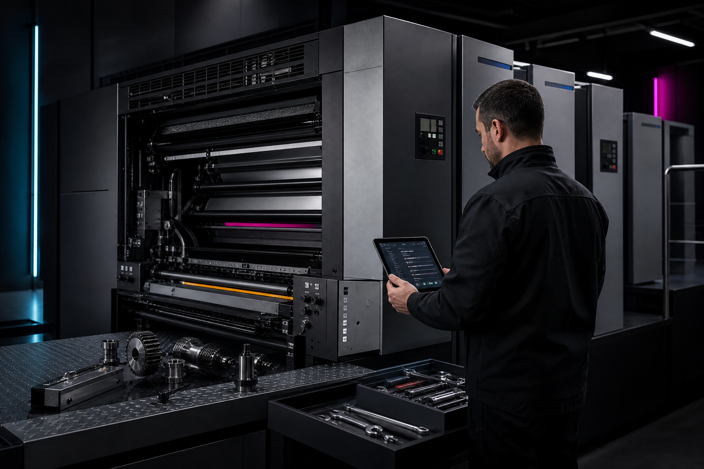 Technical specialist inspecting a printing press and machine components